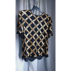Scala Vintage Black Gold 100% Silk Sequin Blouse Top Size 3x (large)
